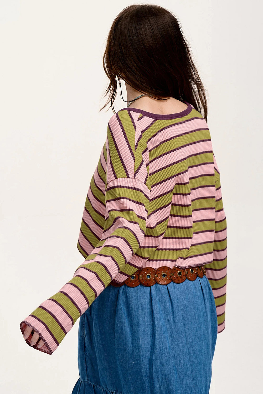 Spinach Green Striped V-Neck Rib-knit Pullover Top - The Fair Lady Shop