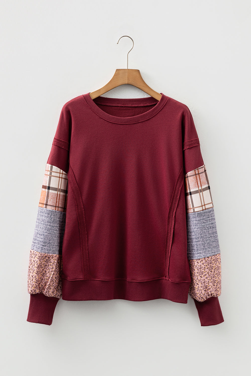 Red Sandalwood Plaid Patchwork Sleeve Raw Seam Sweatshirt