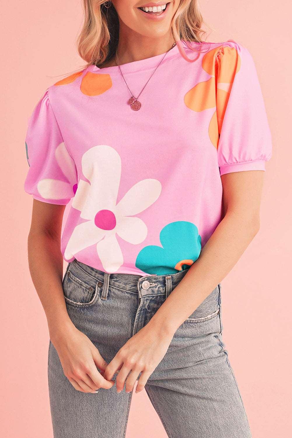 Apricot Colorful Flower Print Bubble Sleeve Tee - The Fair Lady Shop