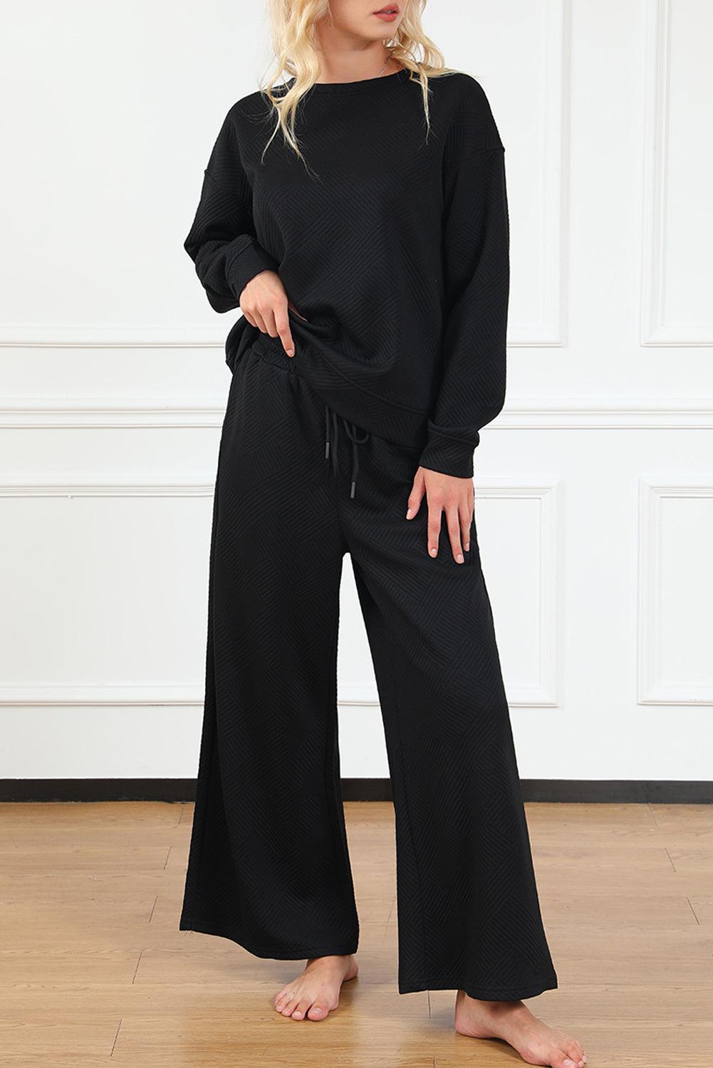 Dark Brown Textured Loose Slouchy Long Sleeve Top and Pants Set - The Fair Lady Shop