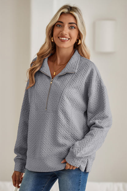 Gray Textured Half Zipper Collared Sweatshirt - The Fair Lady Shop