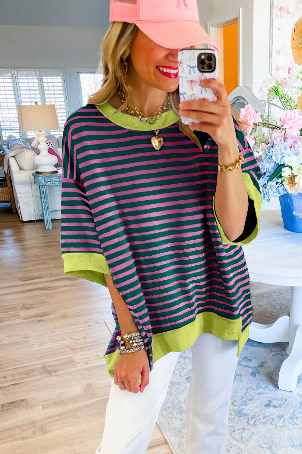 Pink Stripe Colorblock Drop Sleeve Oversized T Shirt - The Fair Lady Shop