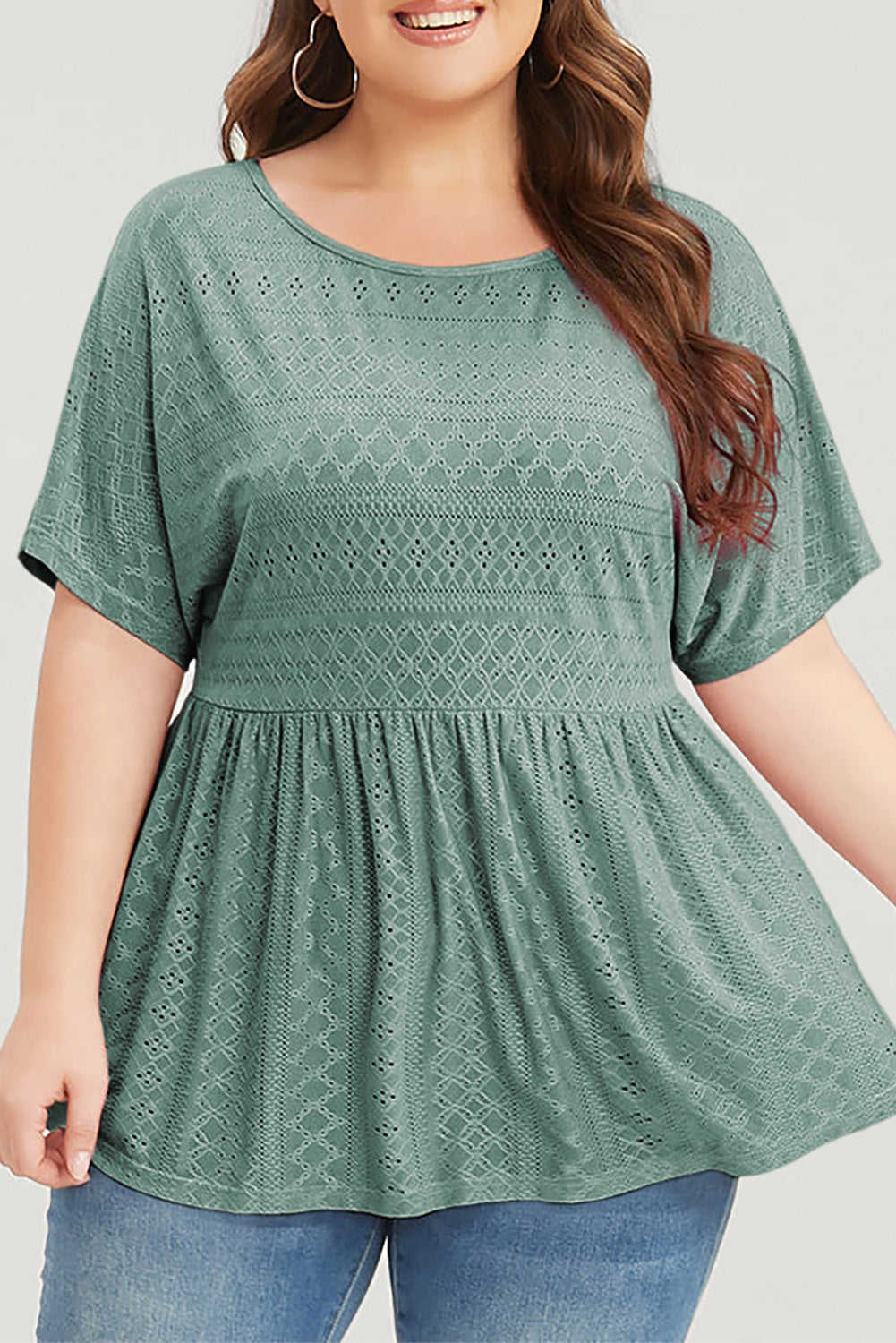 Green Plain Cut Out Plus Size Babydoll Blouse - The Fair Lady Shop