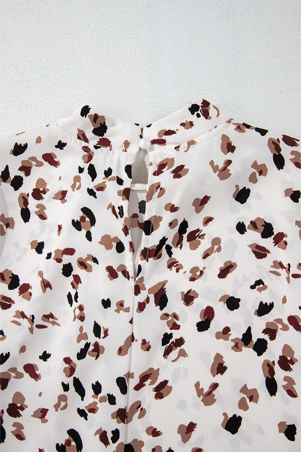 White Leopard Print Puff Sleeve Mock Neck Pleated Blouse - The Fair Lady Shop