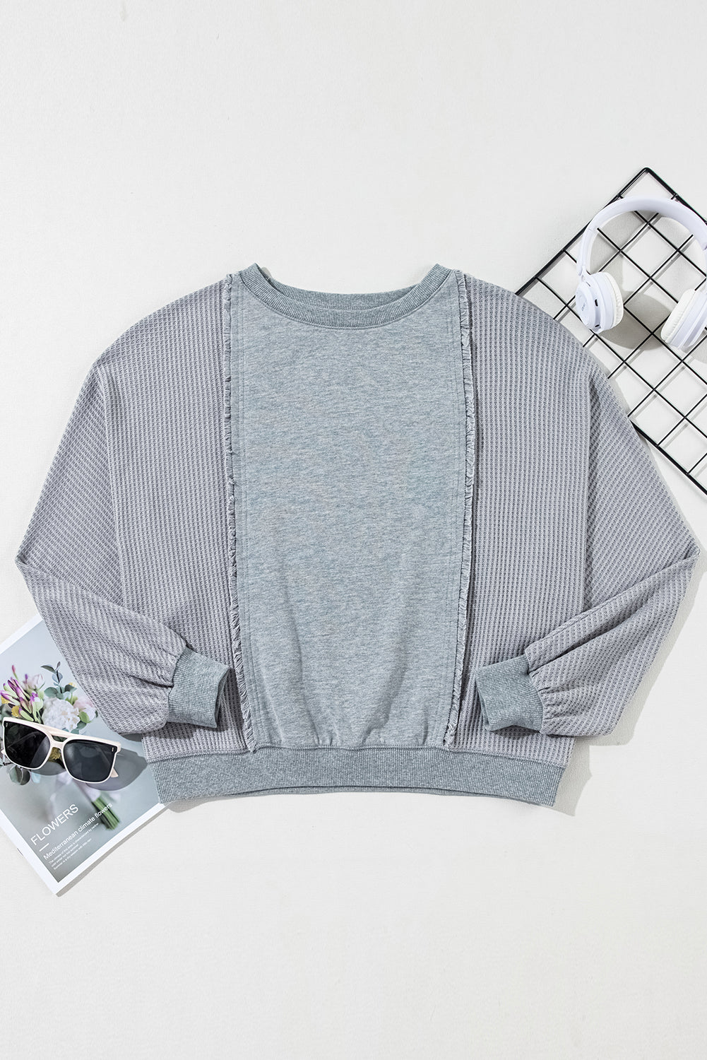 Light Grey Waffle Patchwork Long Sleeve Pullover Top - The Fair Lady Shop