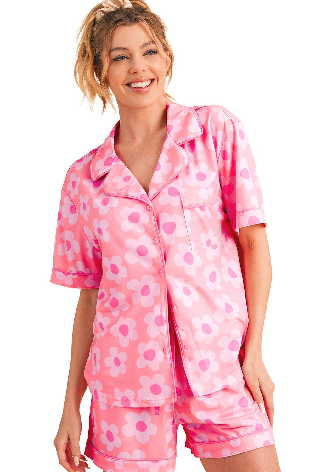 Green Flower Print Buttoned Shirt and Drawstring Waist Pajama Set - The Fair Lady Shop