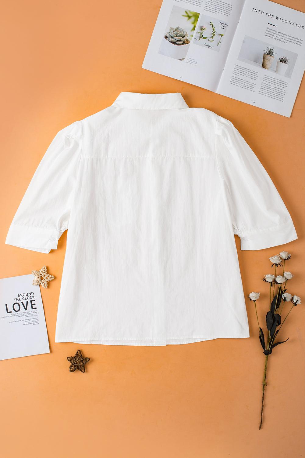 White Solid Color Button Up Puff Sleeve Shirt - The Fair Lady Shop