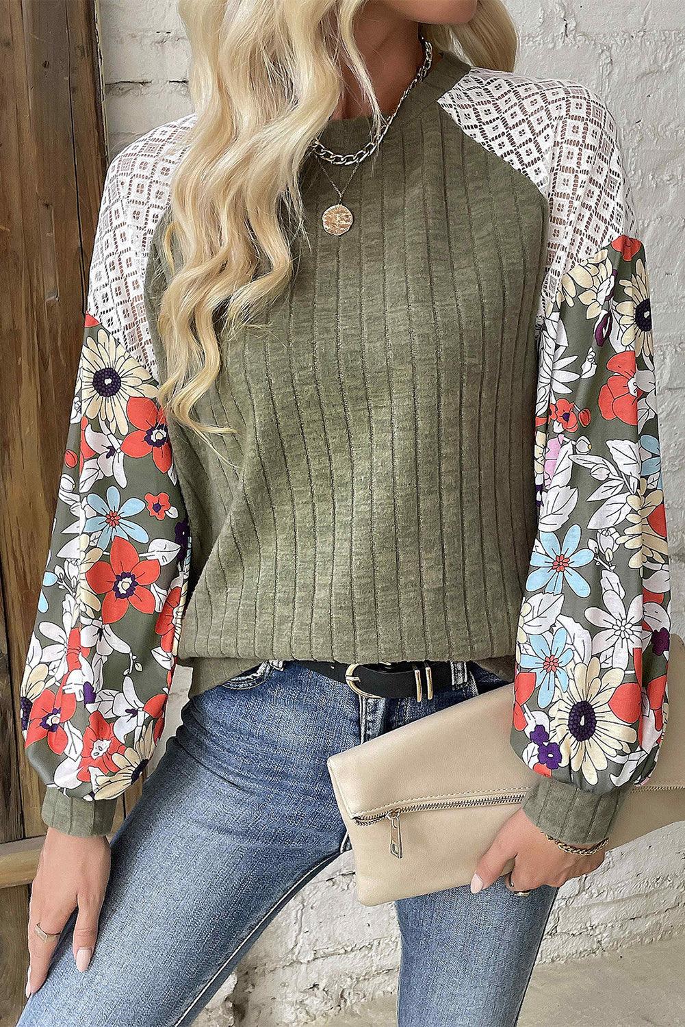 Laurel Green Floral Patchwork Raglan Sleeve Ribbed Blouse - The Fair Lady Shop