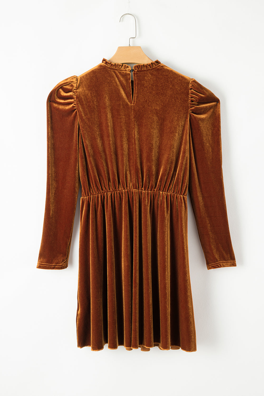 Chestnut Velvet Frilled Neck Gigot Sleeve Swing Dress - The Fair Lady Shop