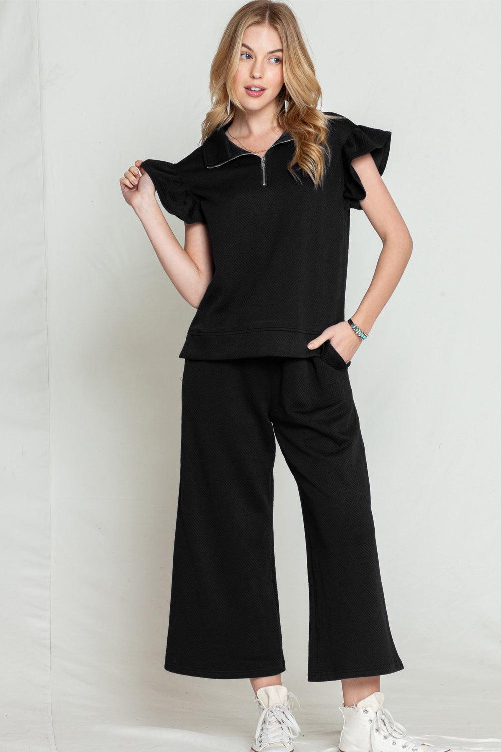 Black Textured Ruffle Cap Sleeve Top and Wide Leg Pants Set - The Fair Lady Shop