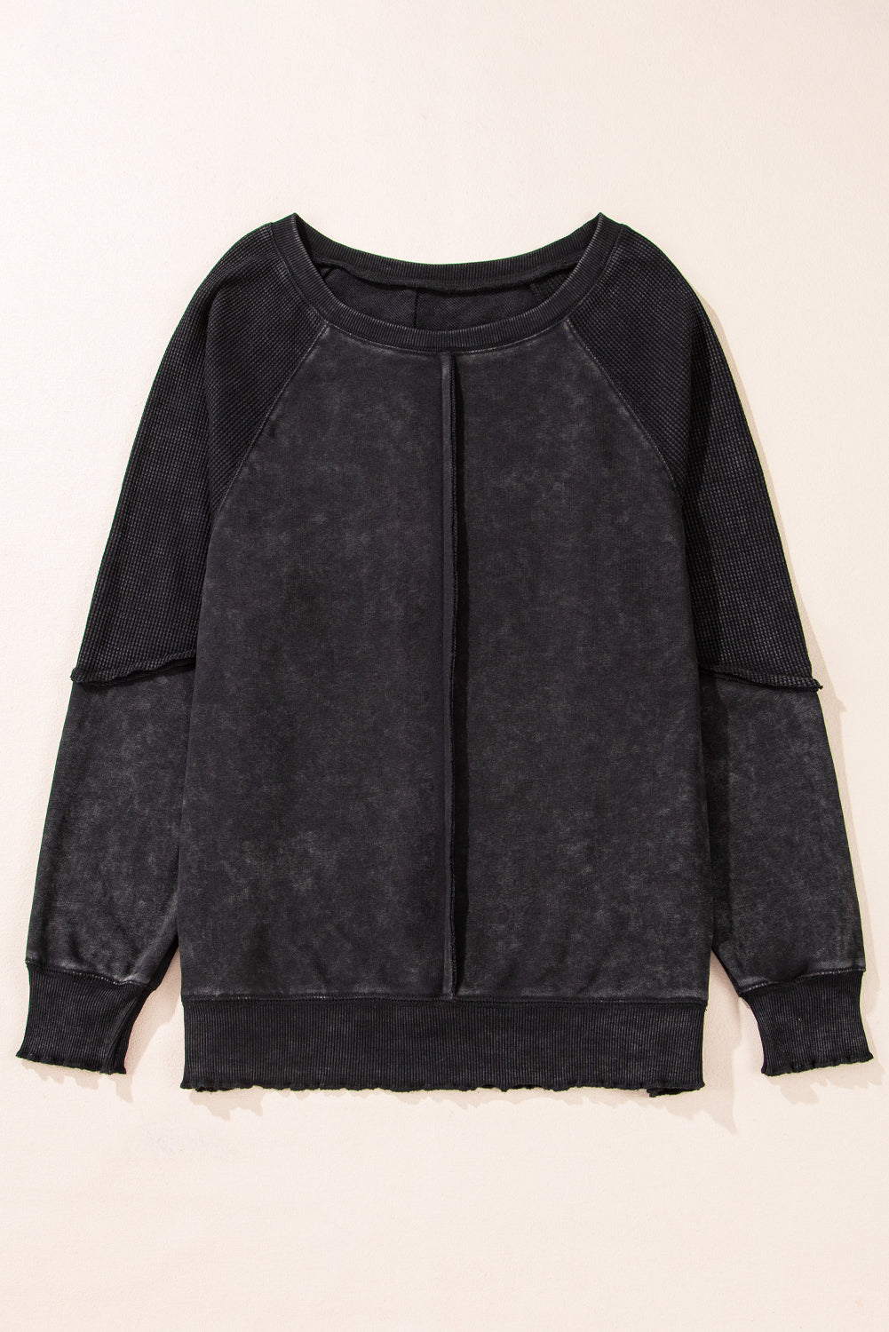 Black Solid Waffle Knit Patchwork Raglan Sleeve Sweatshirt - The Fair Lady Shop