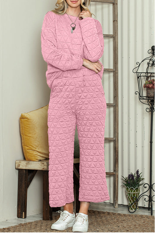 Pink Solid Color Quilted Long Sleeve Top and Pockets Pants Set - The Fair Lady Shop