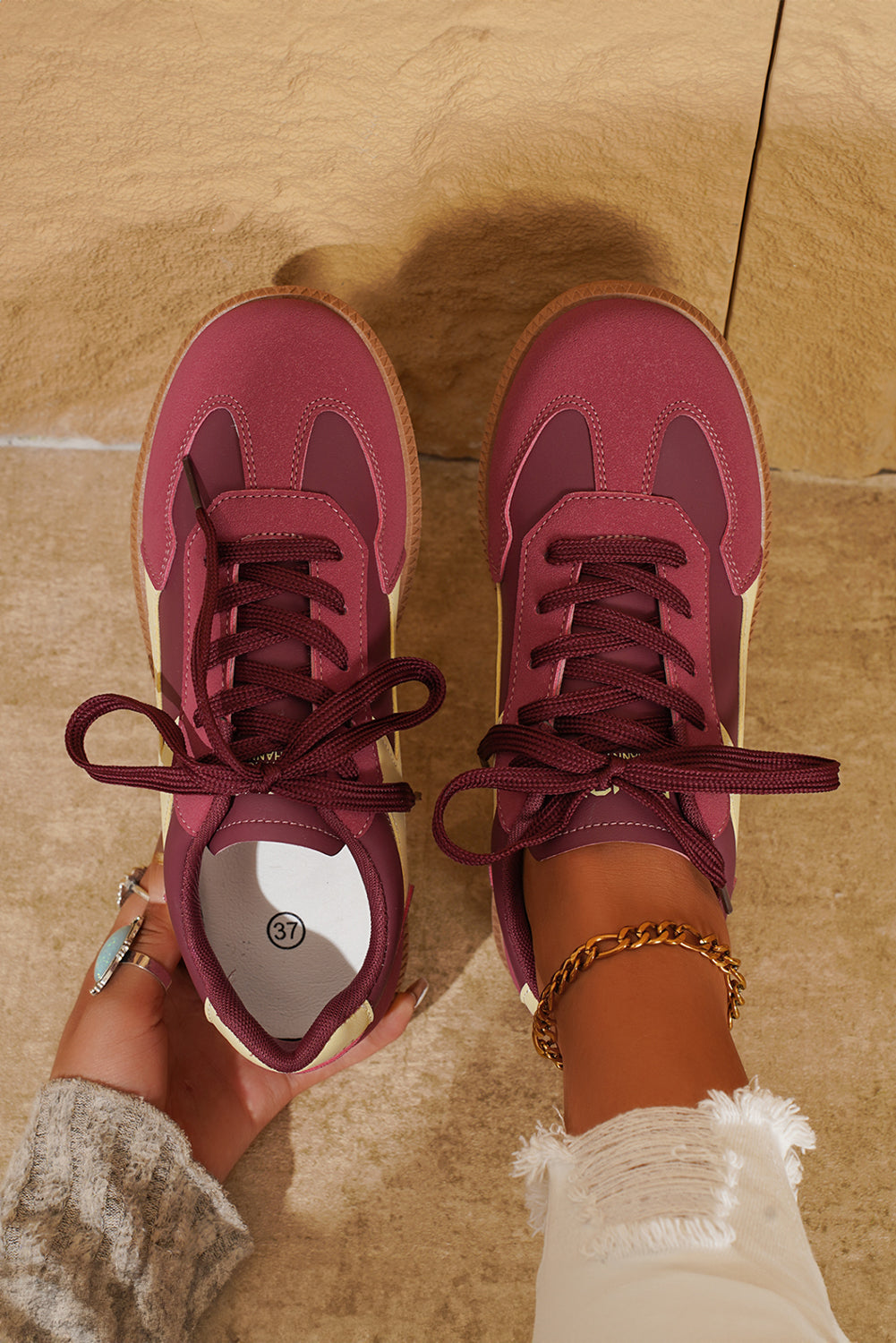 Fiery Red PU Leather Stitched Colorblock Casual Lace-Up Sneakers