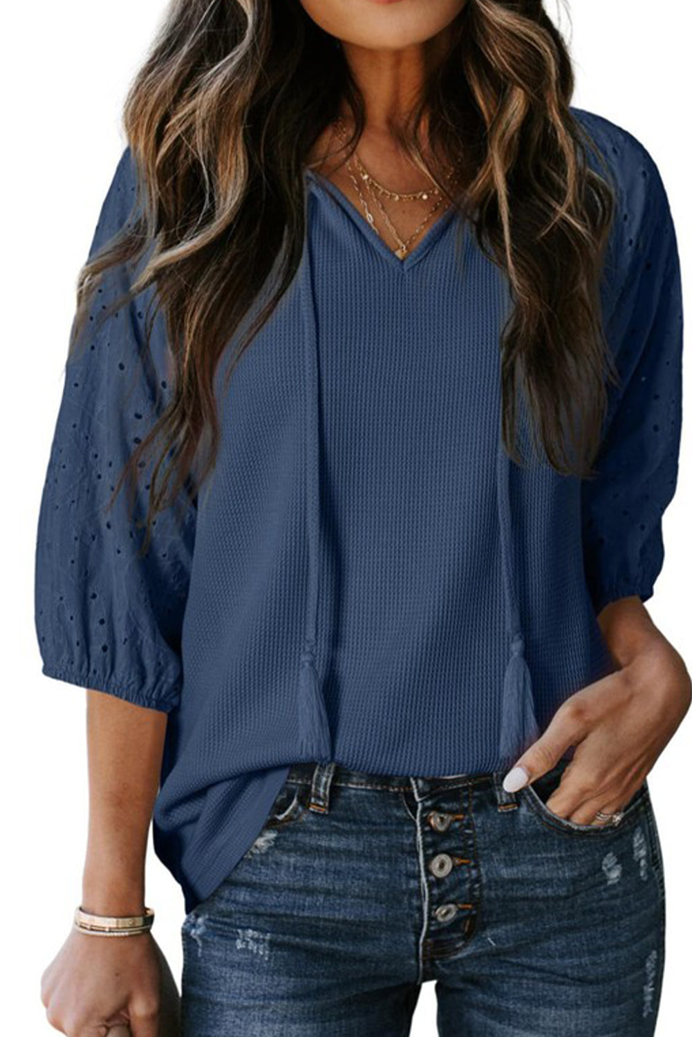 Dirty Blue Tassel Tie Neck Bracelet Sleeve Blouse