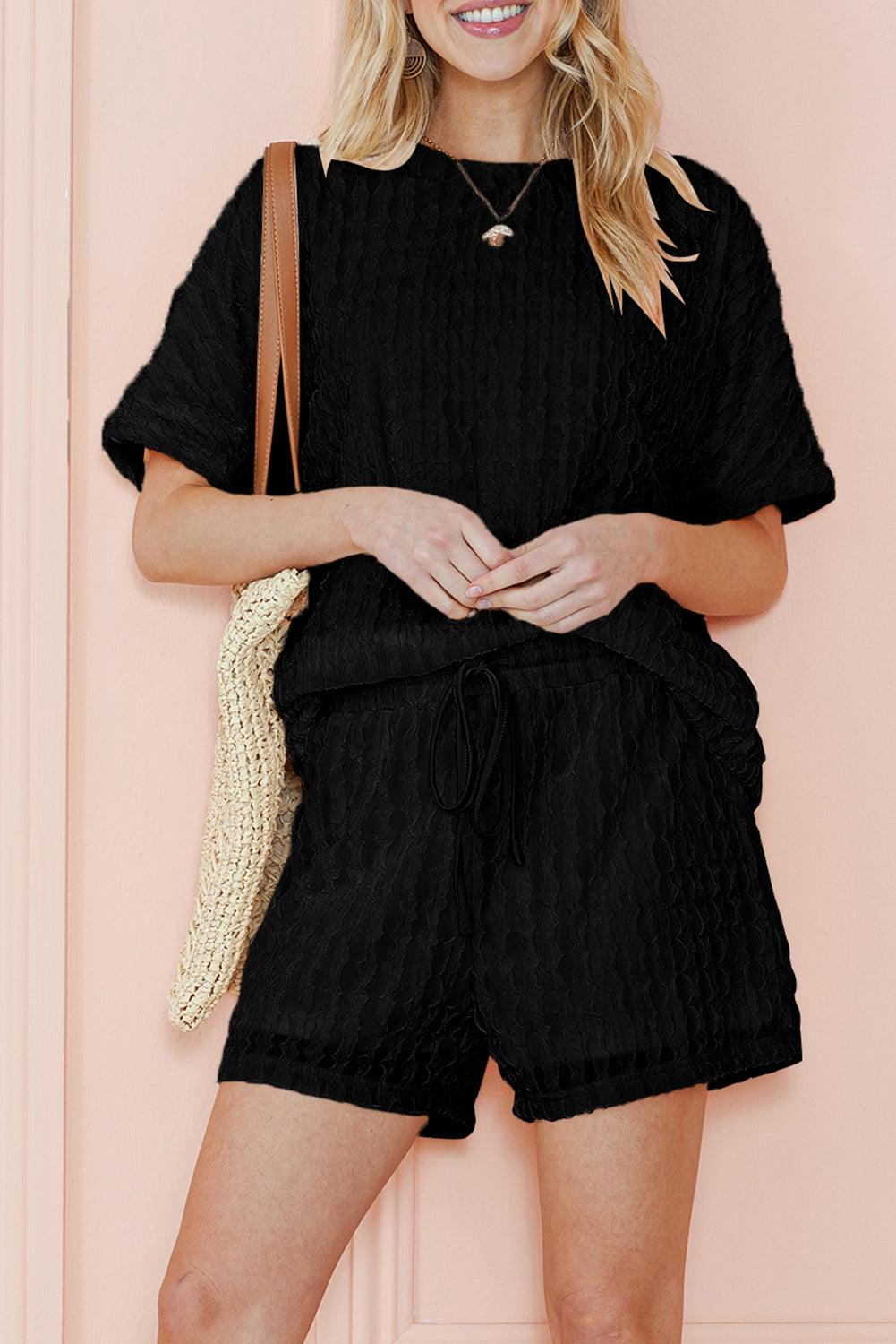 Beige Frill Textured Tee and Drawstring Shorts Set - The Fair Lady Shop