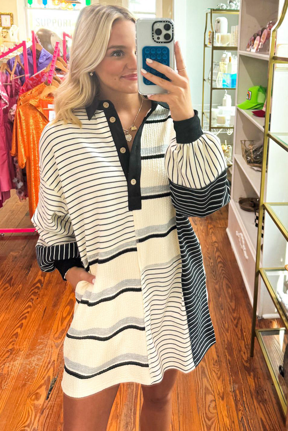 Black Stripe Colorblock Long Sleeve Collar Half Buttons Mini Dress - The Fair Lady Shop