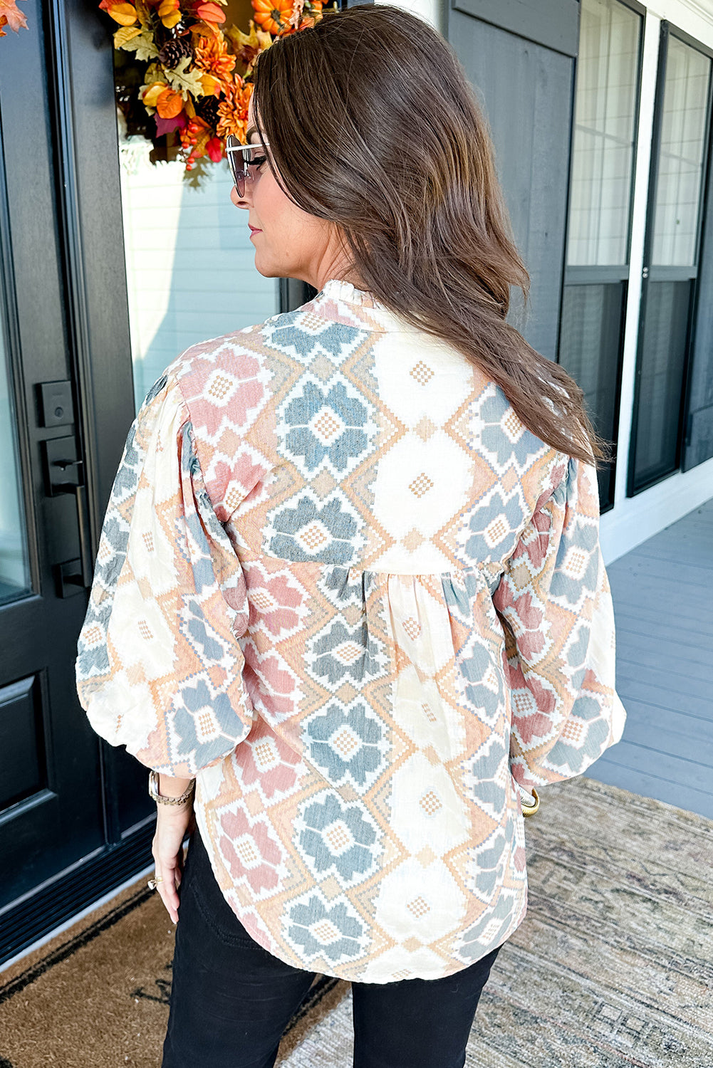 Khaki Geometric Print Tassel Tie Split Neck Balloon Sleeve Blouse - The Fair Lady Shop