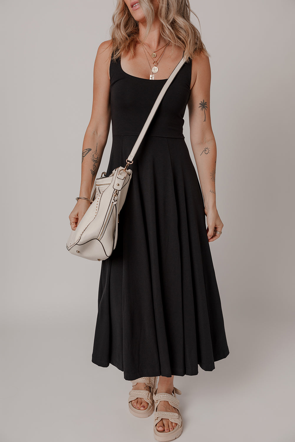 Black Sleeveless Scoop Neck Flared Split Midi Dress - The Fair Lady Shop