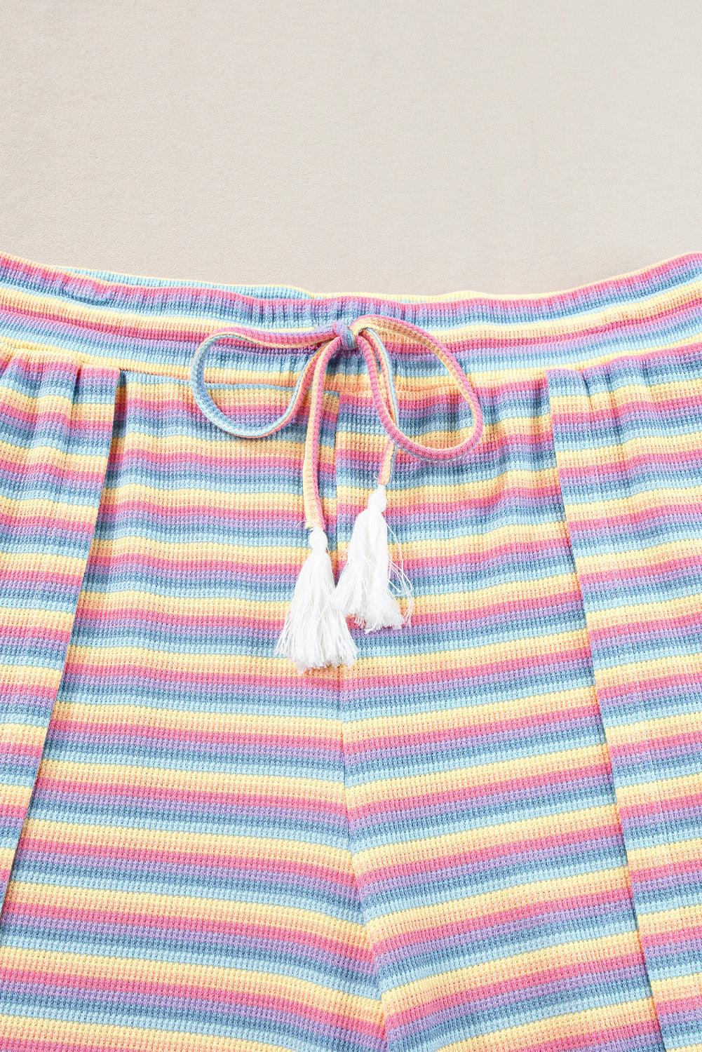 Yellow Stripe Rainbow Tee and Tassel Drawstring Wide Leg Pants Set - The Fair Lady Shop