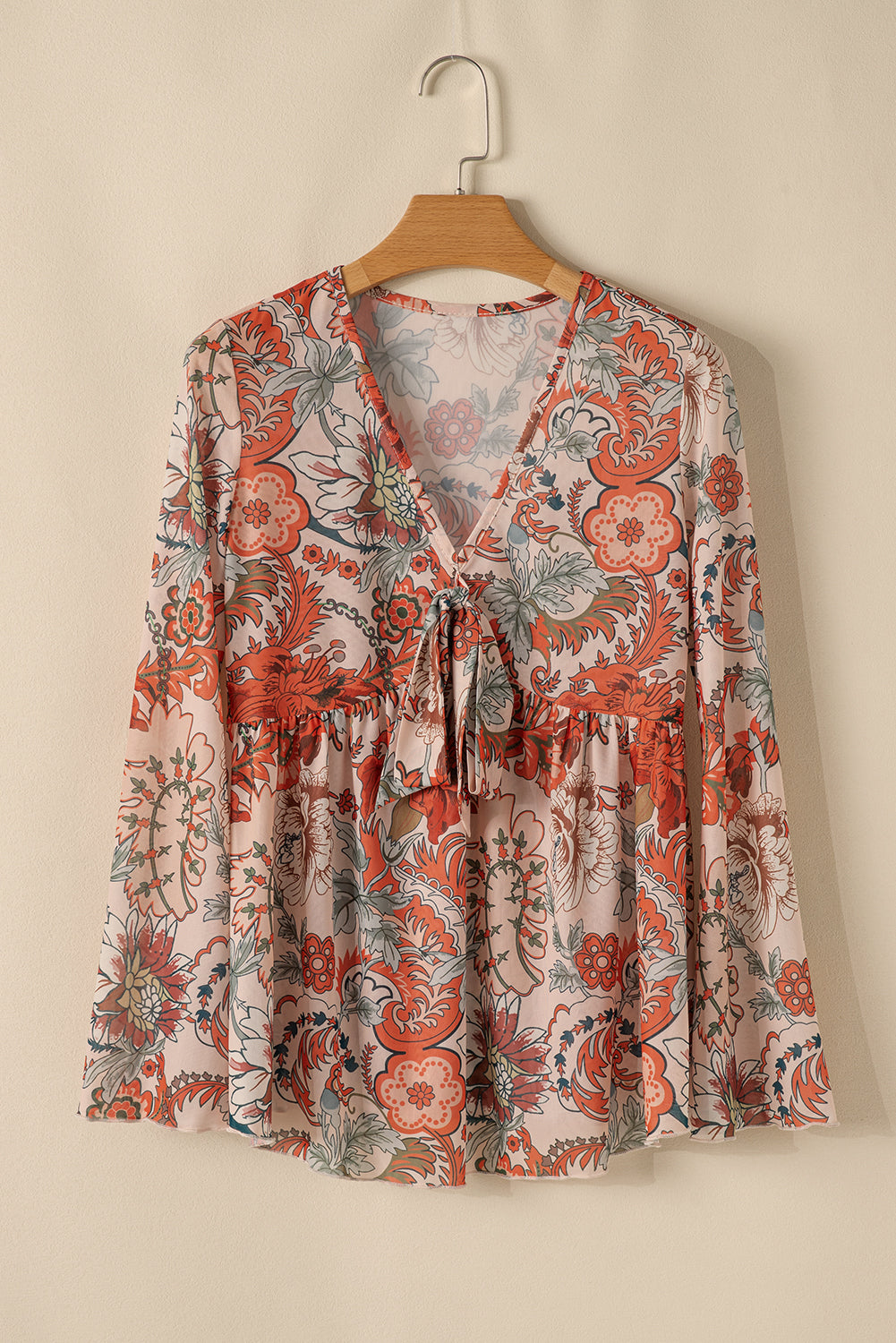 Orange Floral Bell Sleeve Pleated Blouse - The Fair Lady Shop