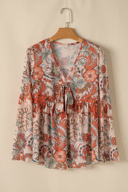 Orange Floral Bell Sleeve Pleated Blouse - The Fair Lady Shop