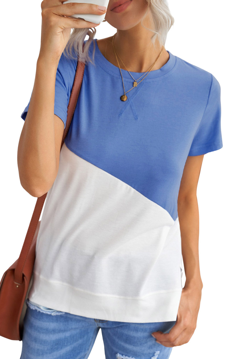 Sky Blue Crew Neck Colorblock Tee - The Fair Lady Shop