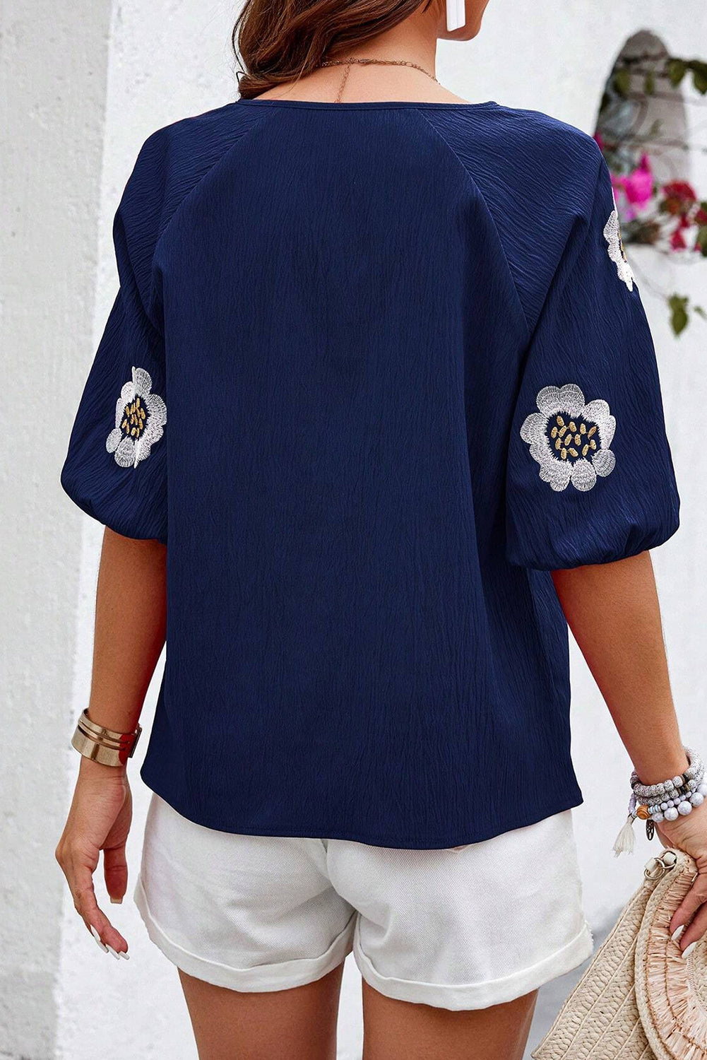 Navy Blue Embroidered Flower V Neck Elegant Half Sleeve Blouse - The Fair Lady Shop
