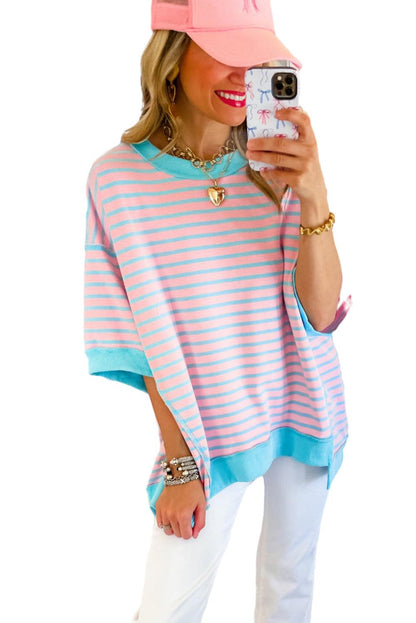 Pink Stripe Colorblock Drop Sleeve Oversized T Shirt - The Fair Lady Shop