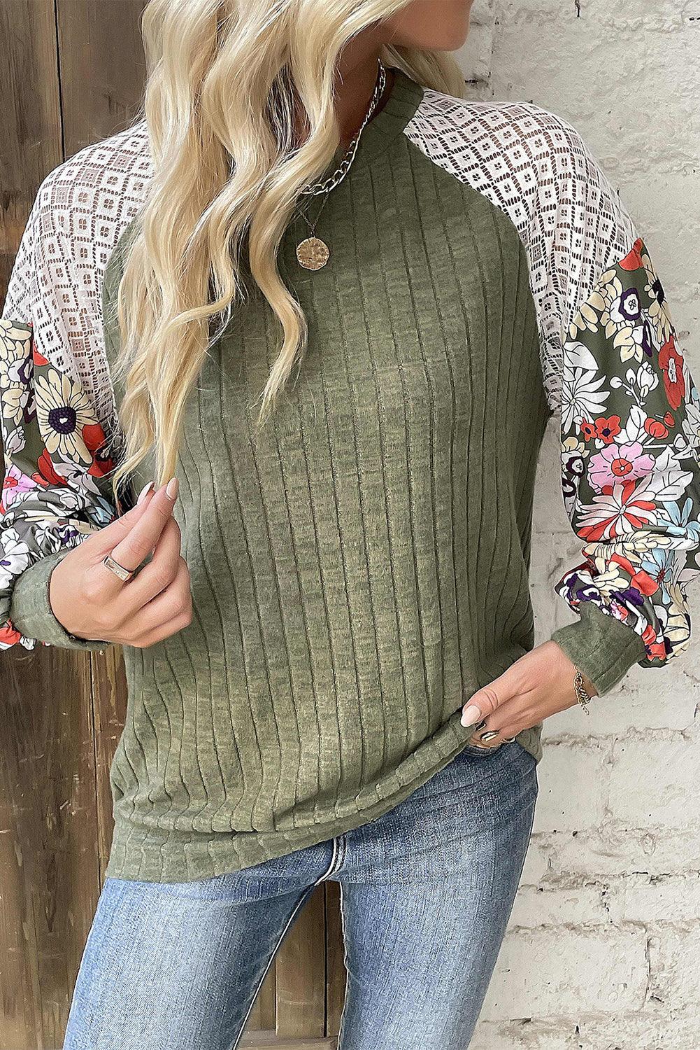 Laurel Green Floral Patchwork Raglan Sleeve Ribbed Blouse - The Fair Lady Shop
