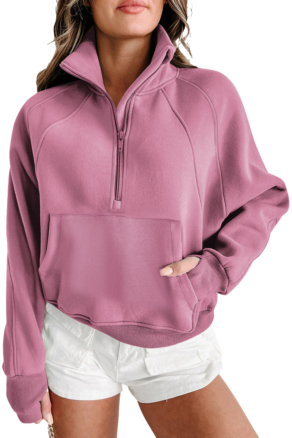 Phalaenopsis Zip Up Stand Collar Ribbed Thumbhole Sleeve Sweatshirt - The Fair Lady Shop