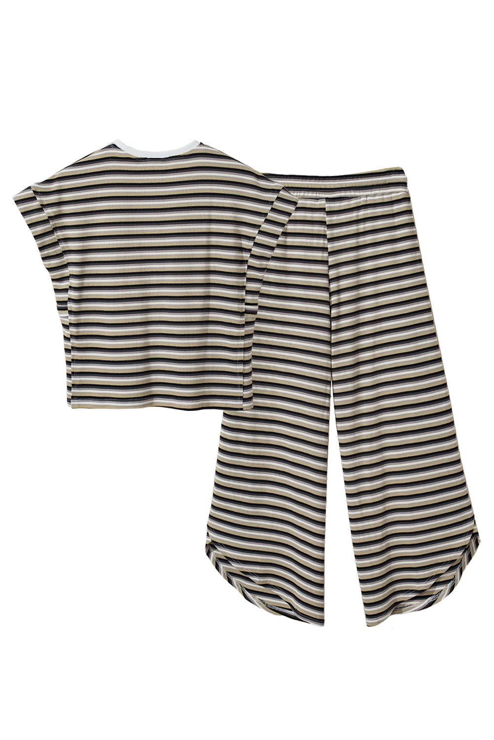 Yellow Stripe Rainbow Tee and Tassel Drawstring Wide Leg Pants Set - The Fair Lady Shop