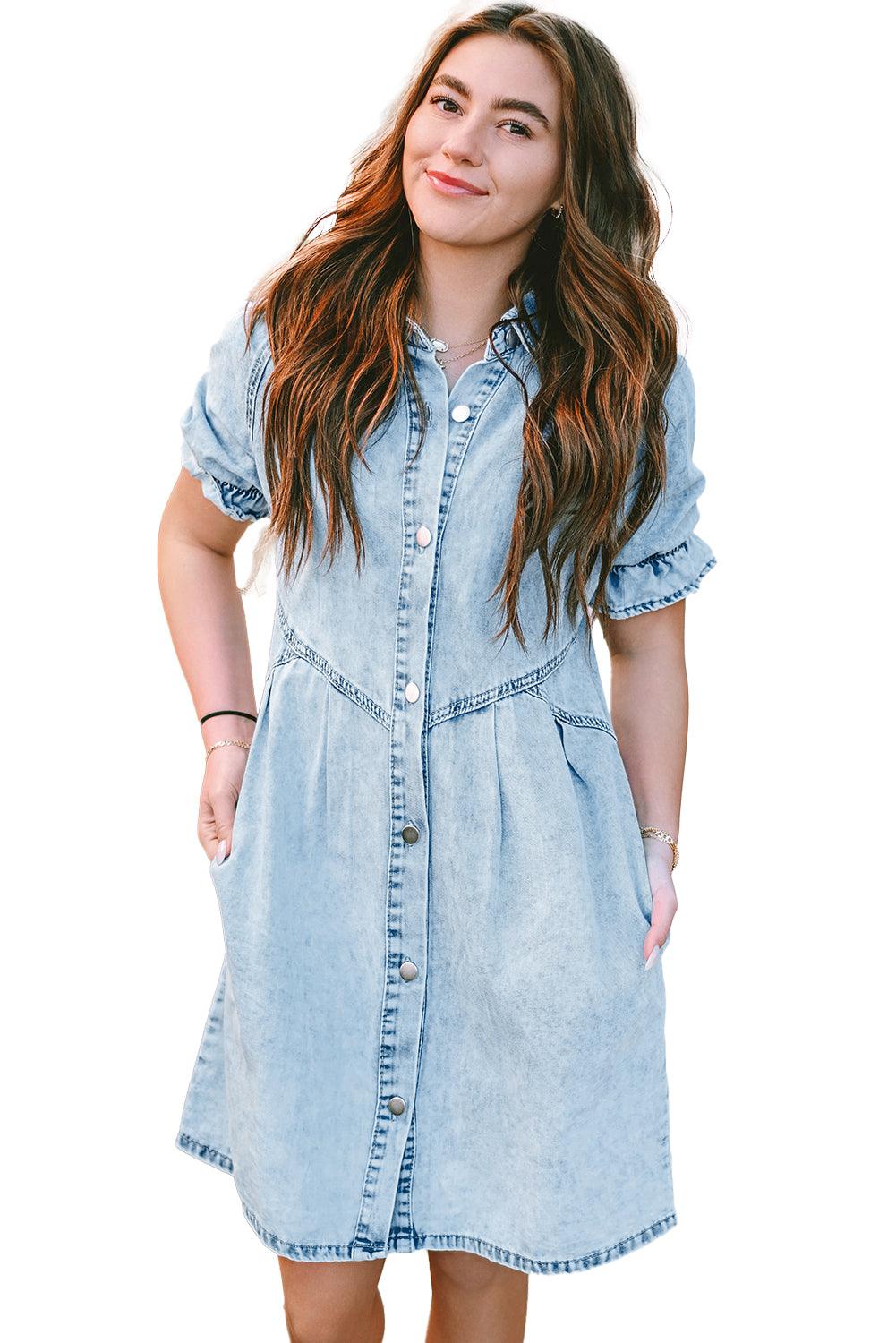 Blue Mineral Washed Ruffled Short Sleeve Pocketed Denim Dress - The Fair Lady Shop