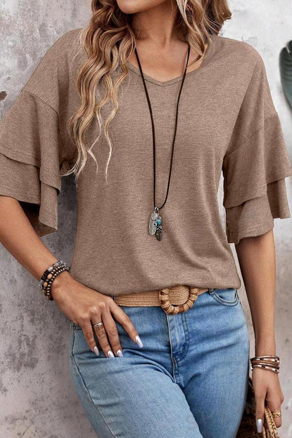 Dune Solid Color V Neck Double Layer Sleeve Loose T-Shirt - The Fair Lady Shop