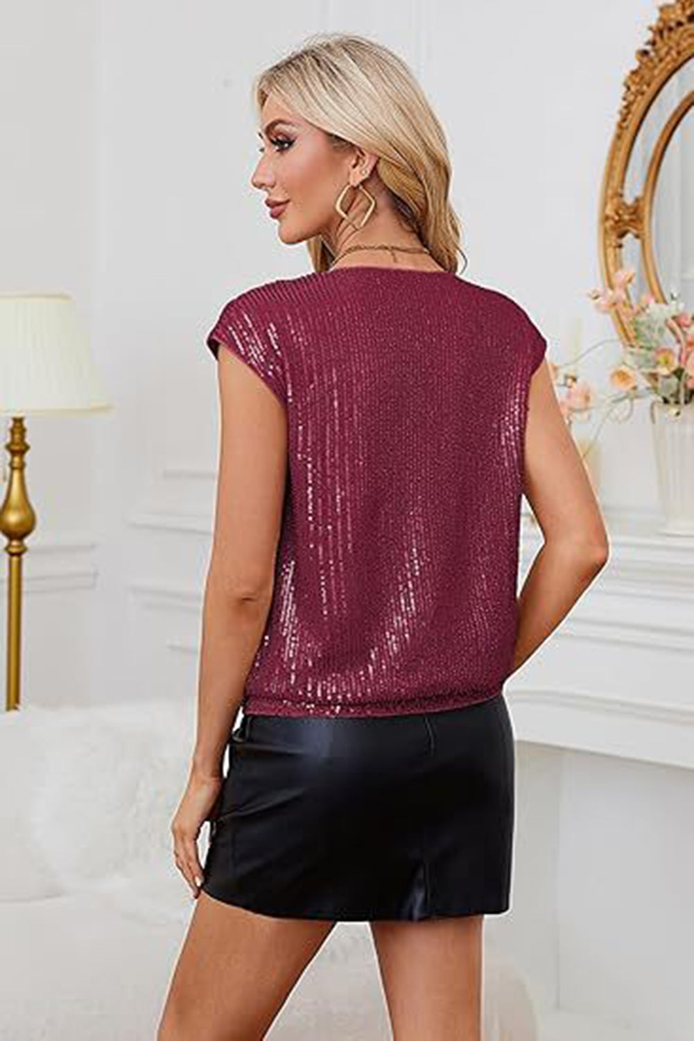 Red Dahlia Sequins V-Neck Slimming Plain Top - The Fair Lady Shop