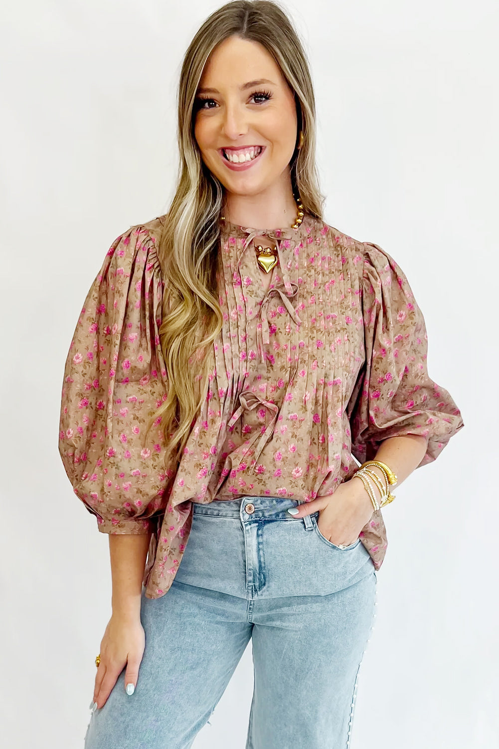 Light French Beige Ditsy Floral Print Bow Front Puff Sleeve Blouse - The Fair Lady Shop
