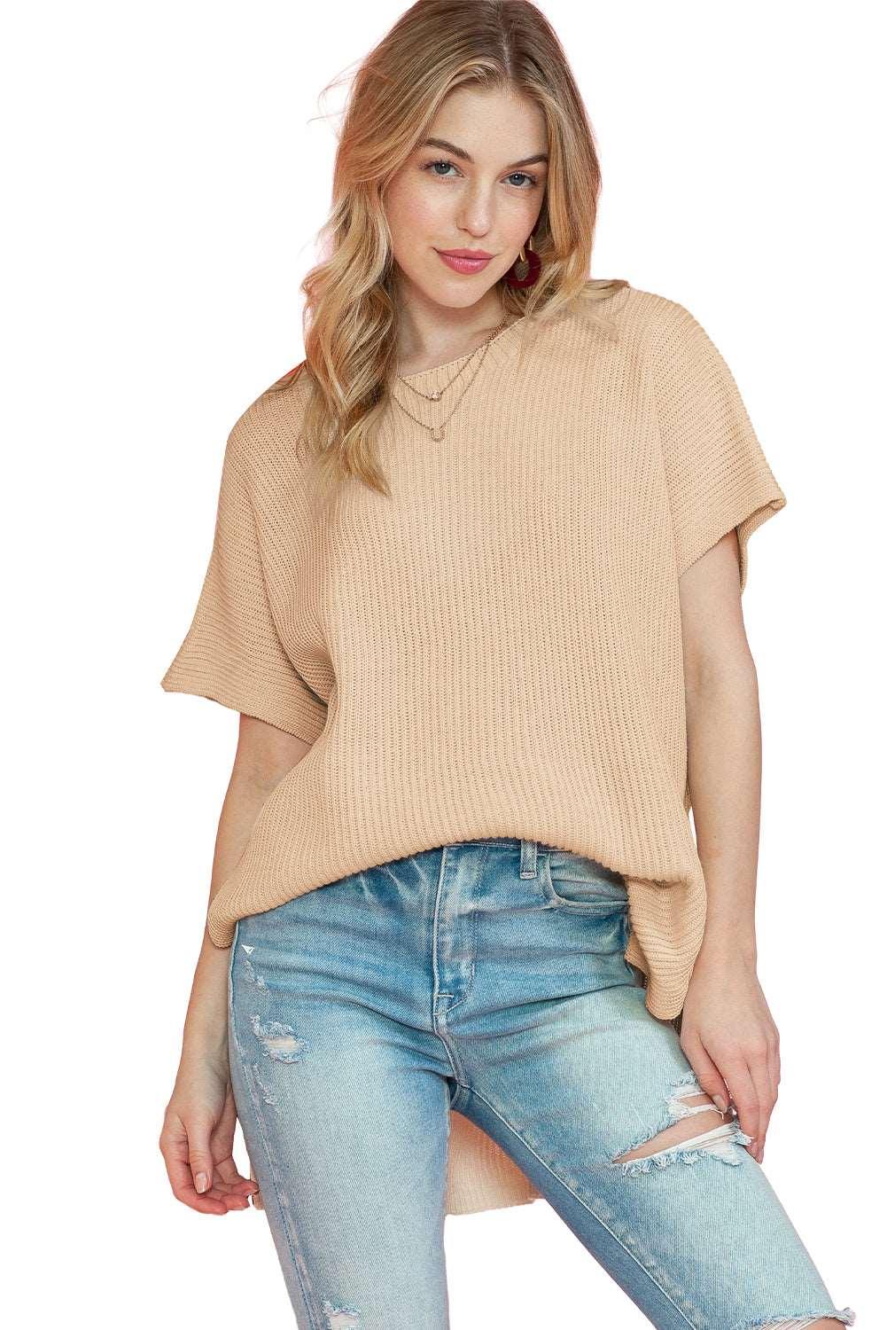 Apricot Side Slit Short Sleeve Oversized Sweater - The Fair Lady Shop