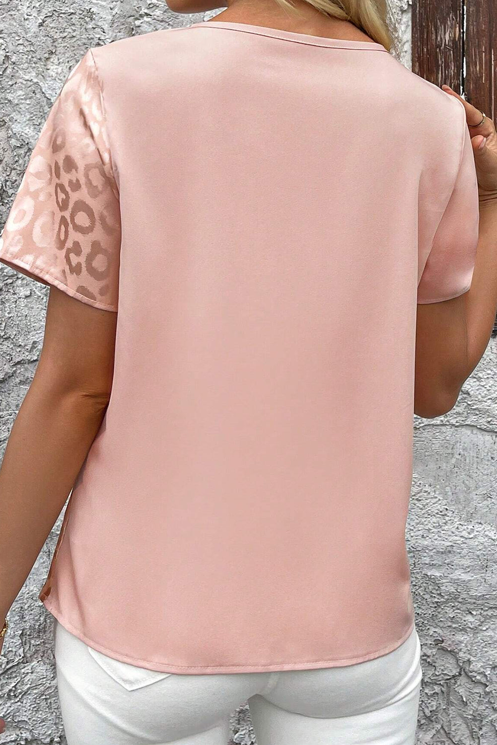 Apricot Pink Leopard Patchwork Cross Strappy V Neck Blouse - The Fair Lady Shop