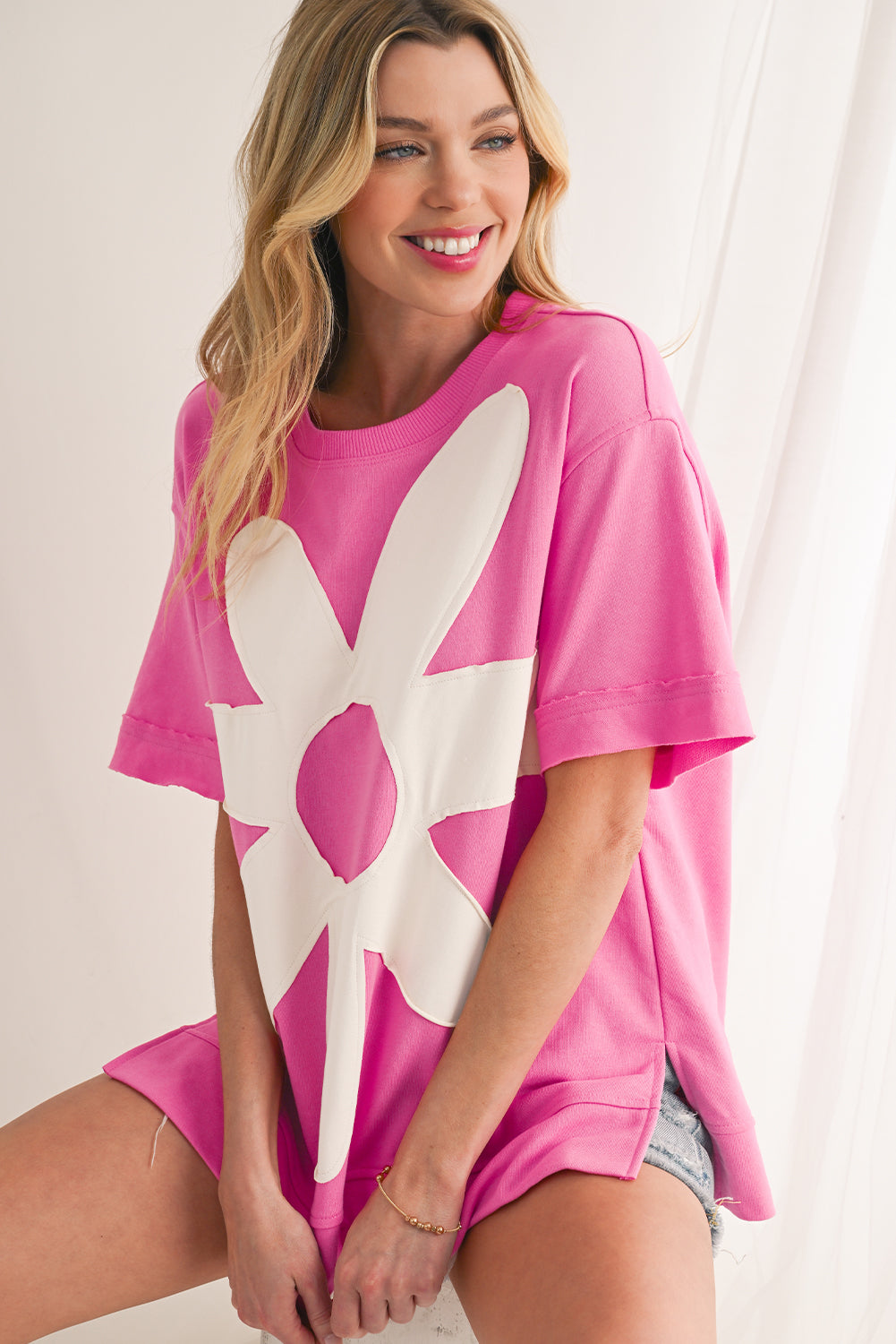 Sachet Pink 60s Flower Applique Slits T-Shirt - The Fair Lady Shop