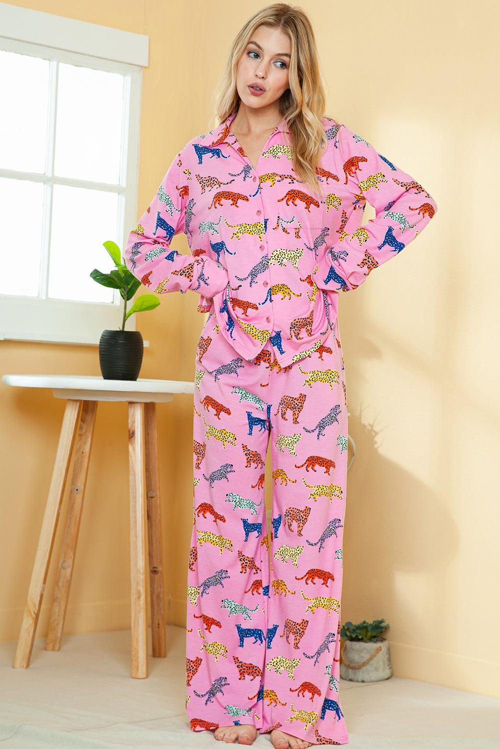 Pink Cheetah Print Shirt and Wide Leg Pants Pajama Set - The Fair Lady Shop