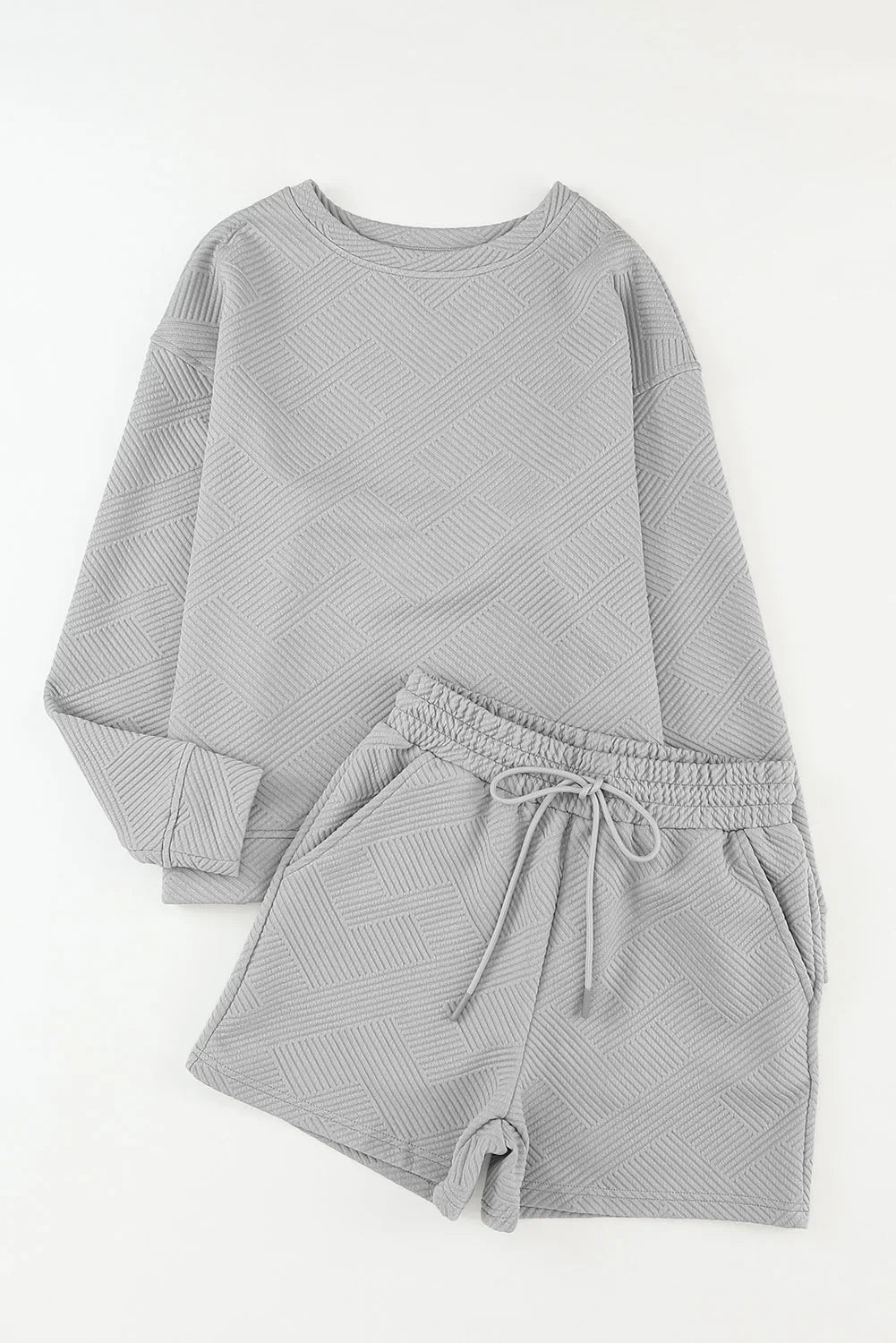 Gray Textured Long Sleeve Top & Drawstring Shorts Set - The Fair Lady Shop
