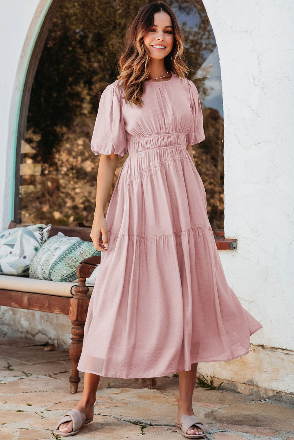 Pink Puff Sleeve High Waist Flowy Midi Dress - The Fair Lady Shop