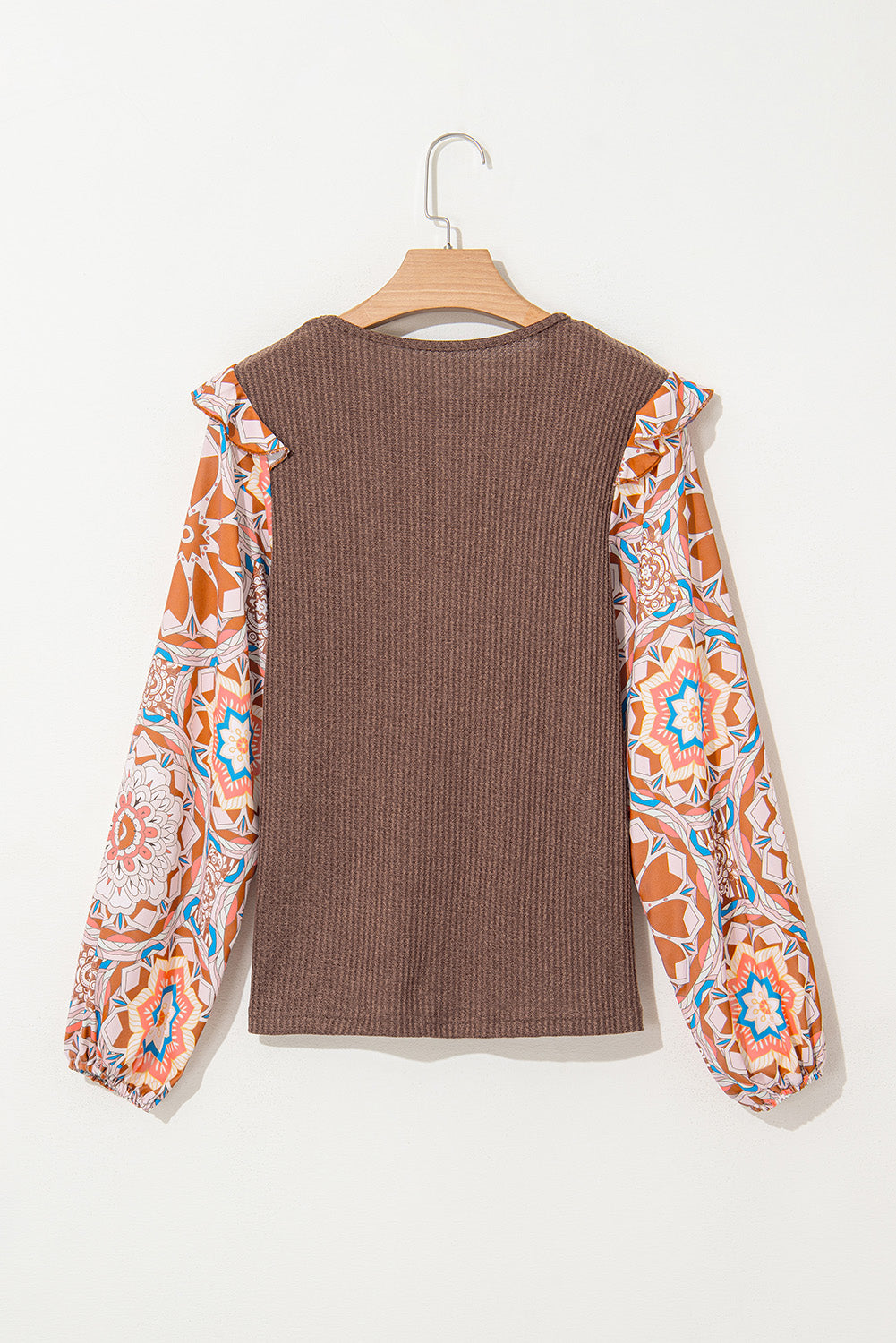 Coffee Ruffle Floral Sleeve Patchwork Waffle Top - The Fair Lady Shop