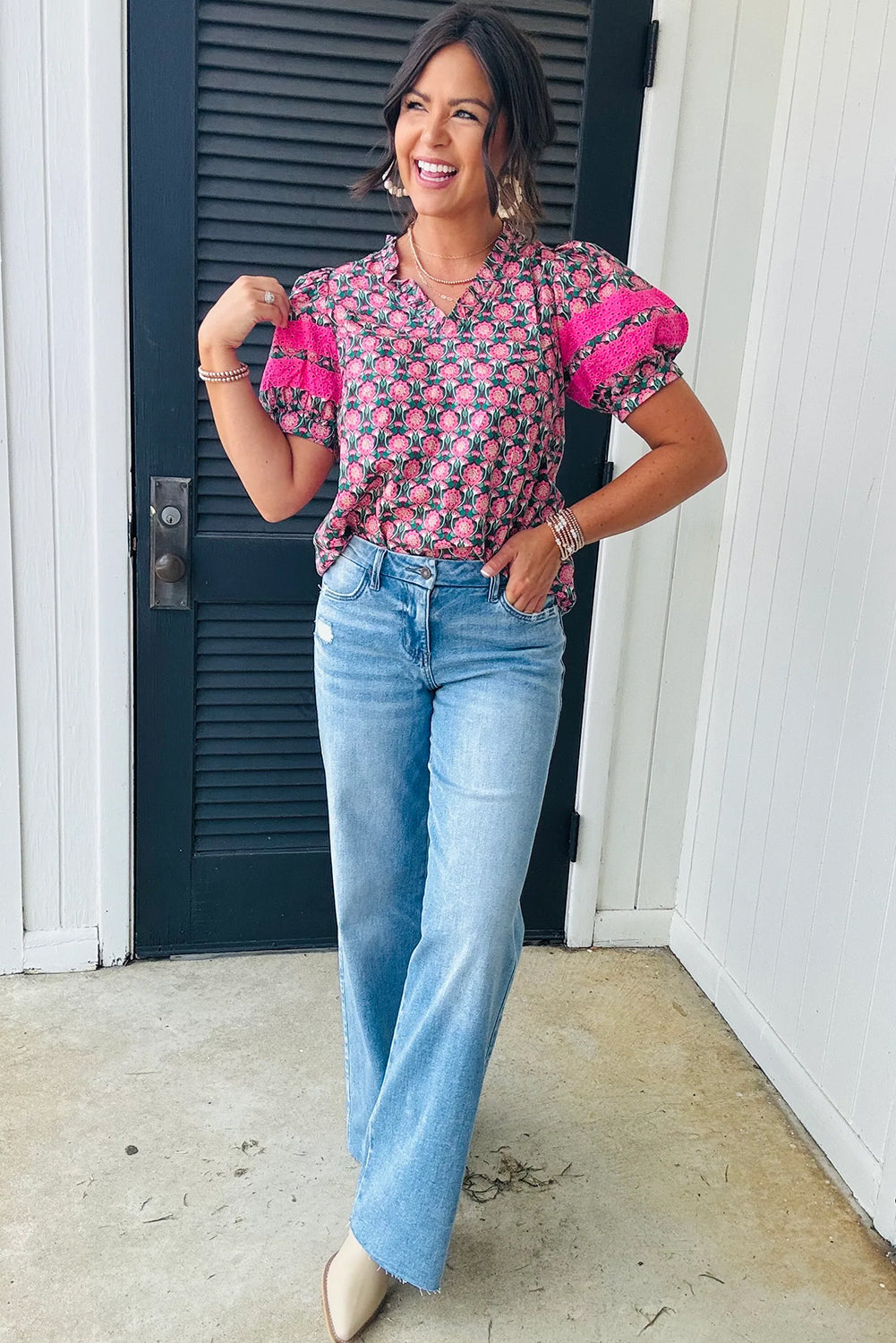 Sachet Pink Frill V-Neck Abstract Print Puff Sleeve Top - The Fair Lady Shop