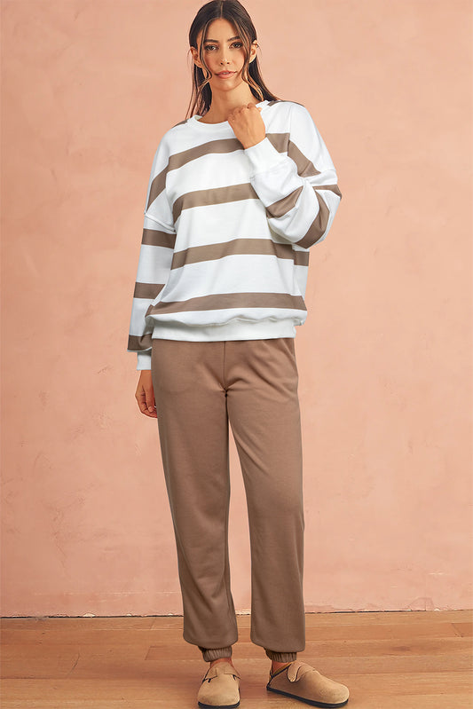 Light French Beige Striped Drop Shoulder Pullover and Joggers Set - The Fair Lady Shop