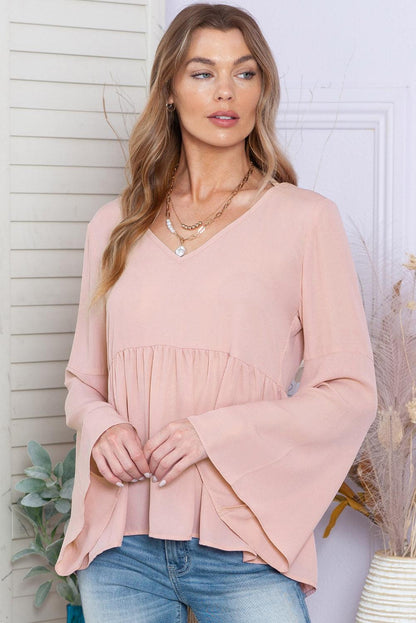 Pink Bell Sleeve Top V Neck Tie Back Peplum Blouse - The Fair Lady Shop