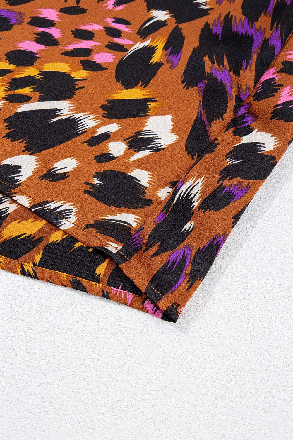 Orange Leopard Printed Short Sleeve Slit V Neck Blouse - The Fair Lady Shop