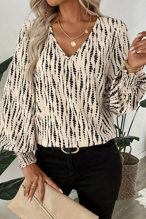 Apricot Abstract Print Puff Sleeve Smocked Cuffs Blouse - The Fair Lady Shop