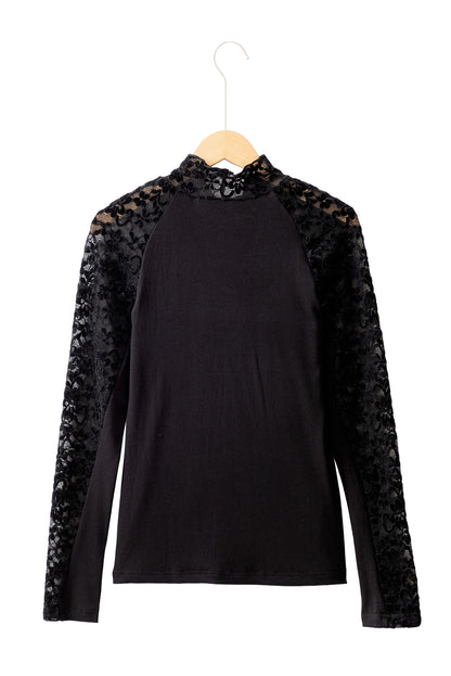 Black Floral Lace Patchwork Long Sleeve Slim Top