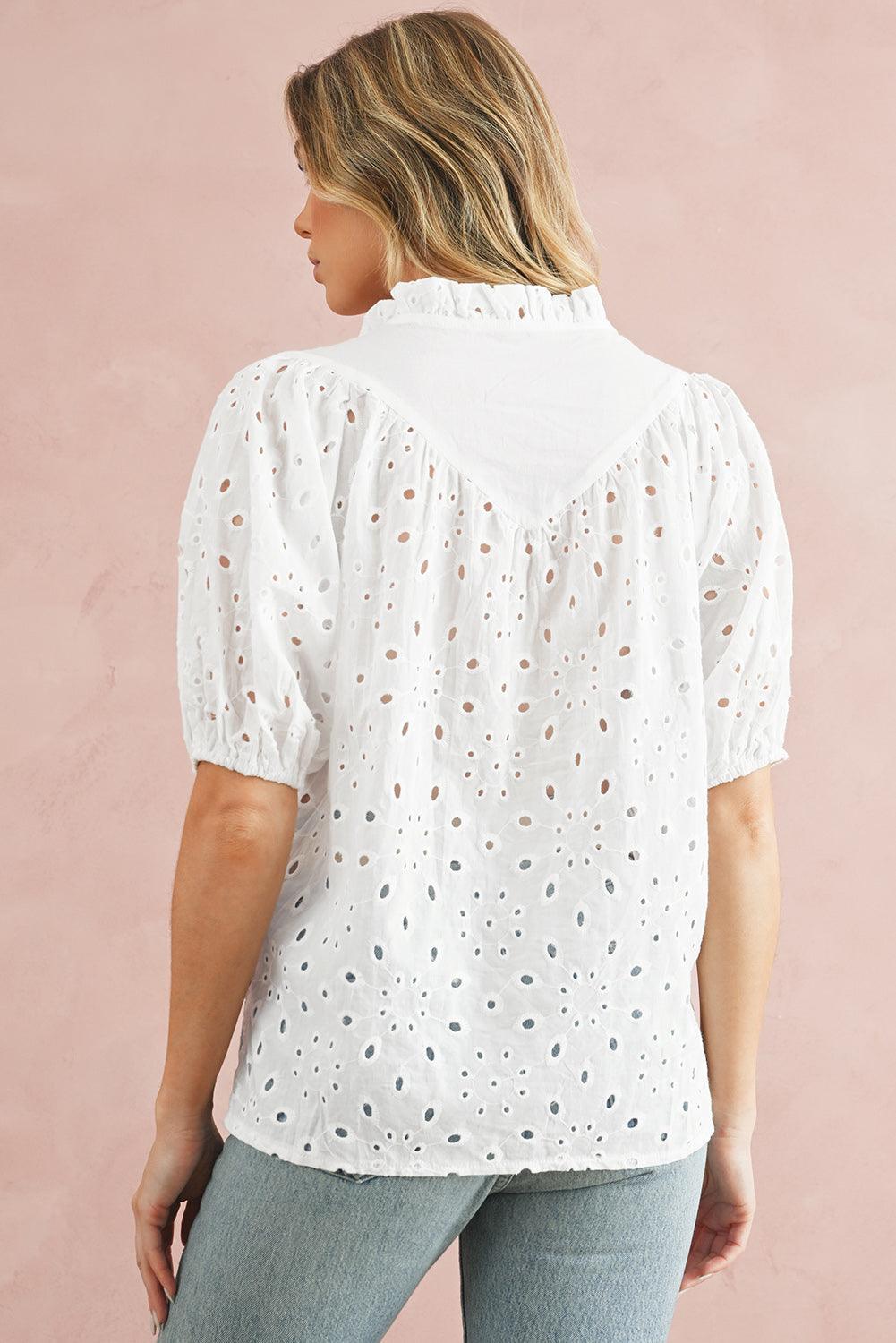Bonbon Hollow-out Flower Embroidered Short Puff Sleeve Blouse - The Fair Lady Shop