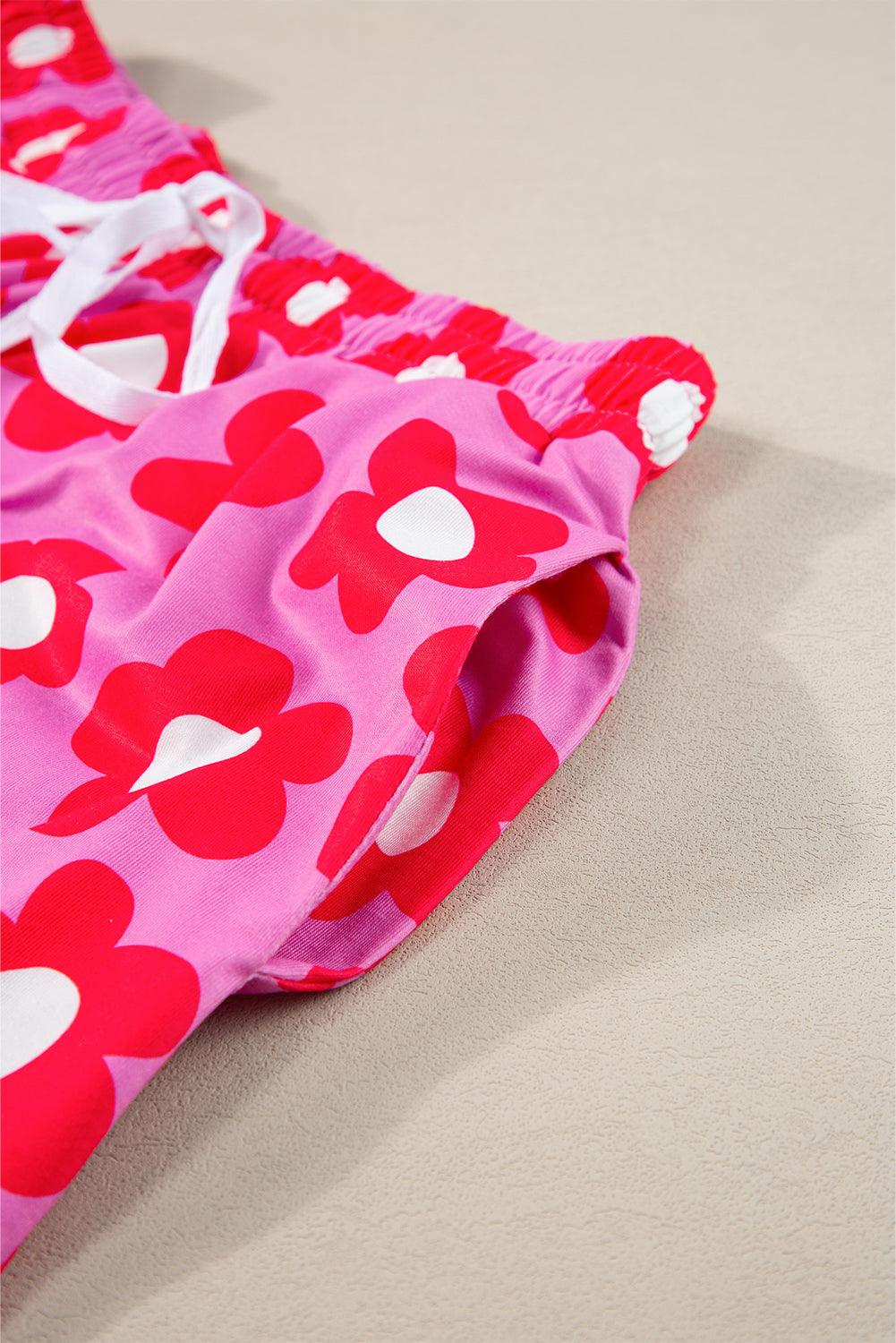 Green Flower Print Buttoned Shirt and Drawstring Waist Pajama Set - The Fair Lady Shop